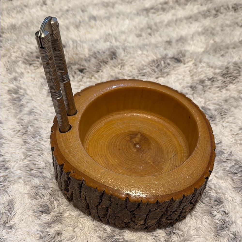 Vintage 1970s  handmade nut cracking bowl and Wooden Bark Bowl